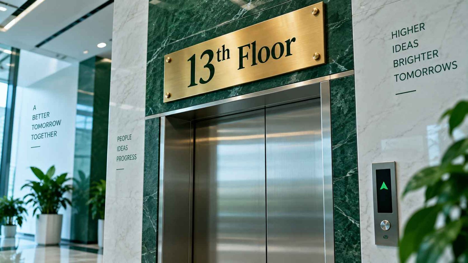 13th or 13rd Building plaque reading 13th Floor above elevator doors