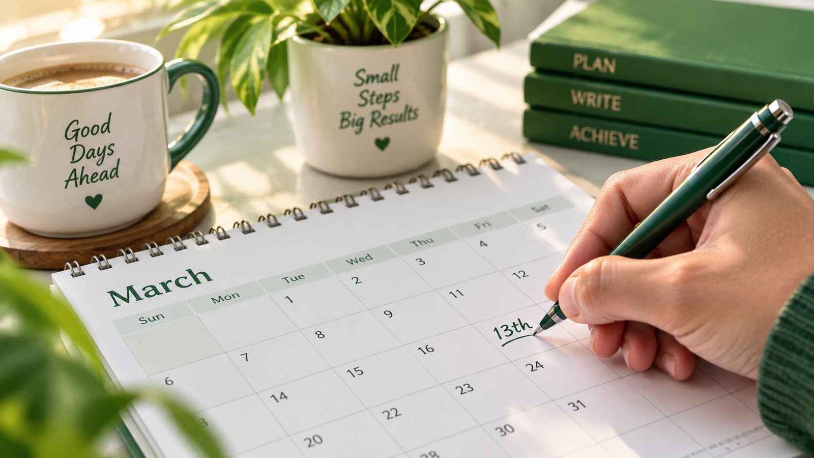 Hand writing the date 13th on a paper calendar