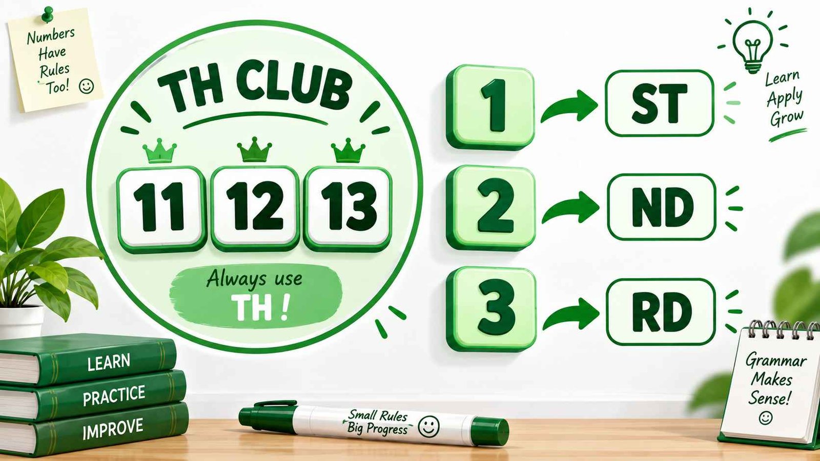 Infographic showing 11th, 12th, and 13th grouped as the teen number exception