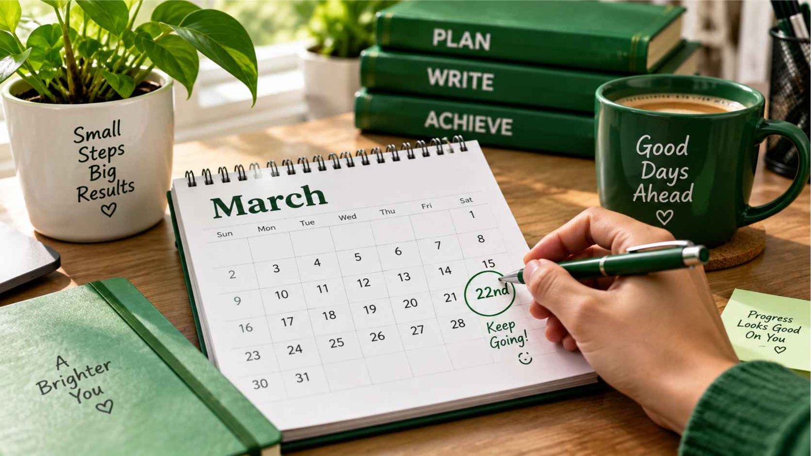 Hand writing the date 22nd on a calendar to show correct ordinal usage