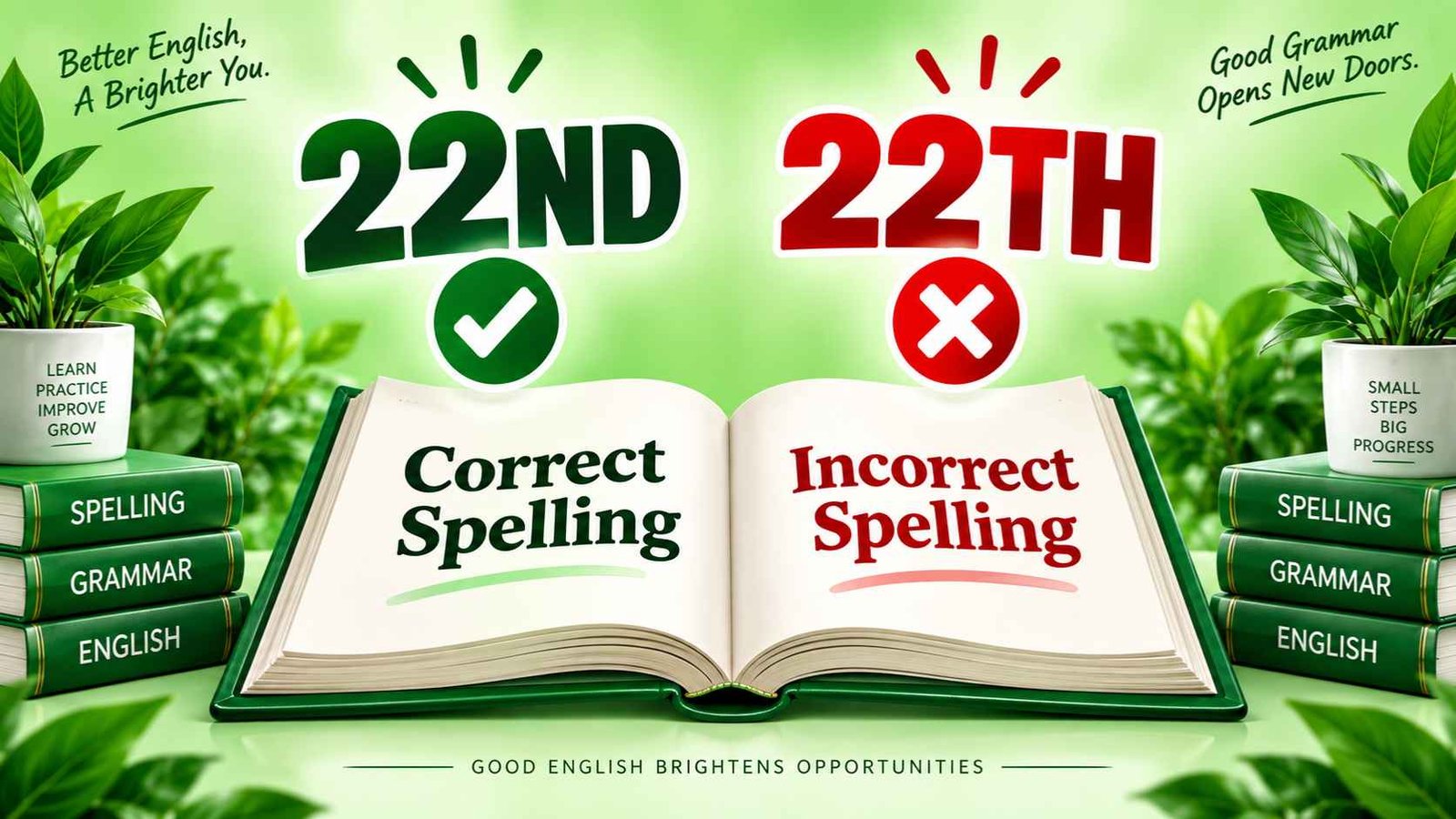 Hero banner comparing 22nd and 22th spelling using an open book design