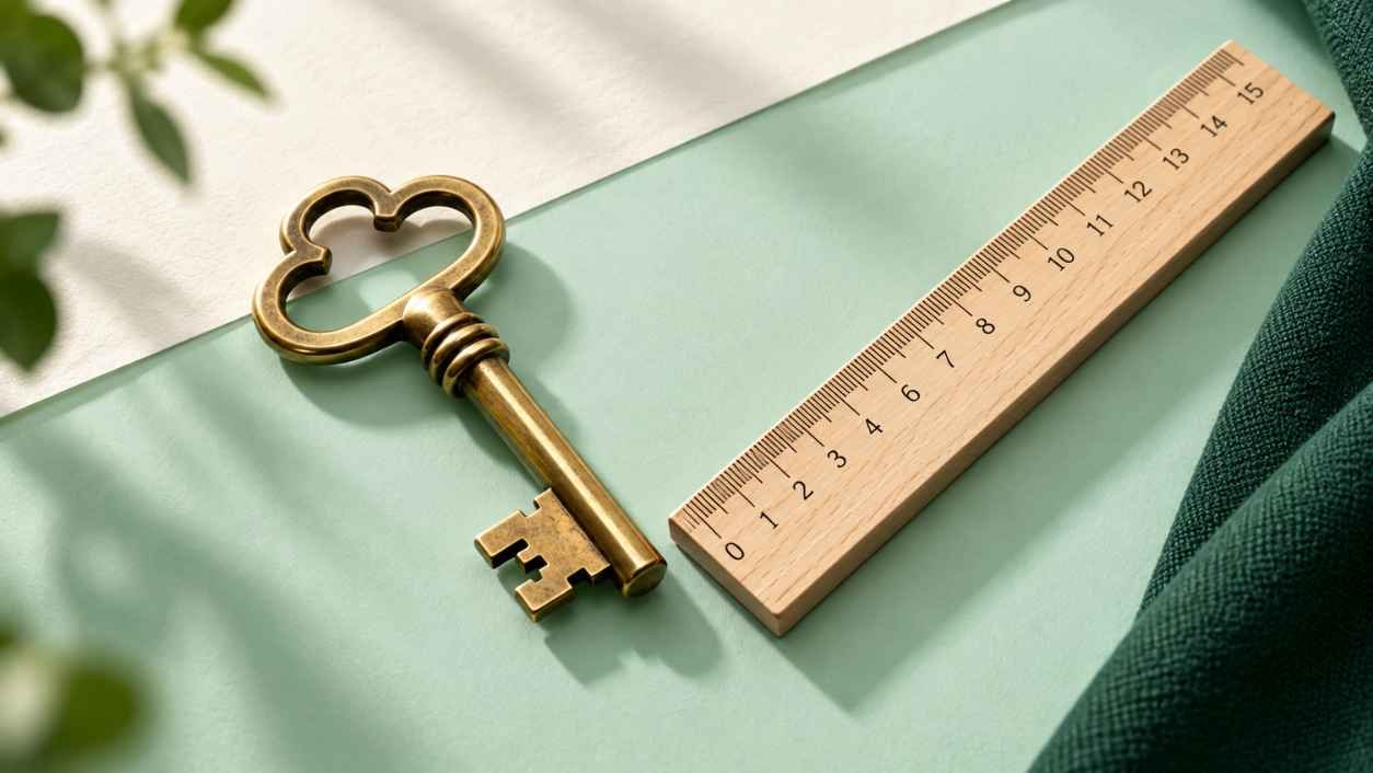 Brass key and a wooden ruler lying on a mint surface under soft light.