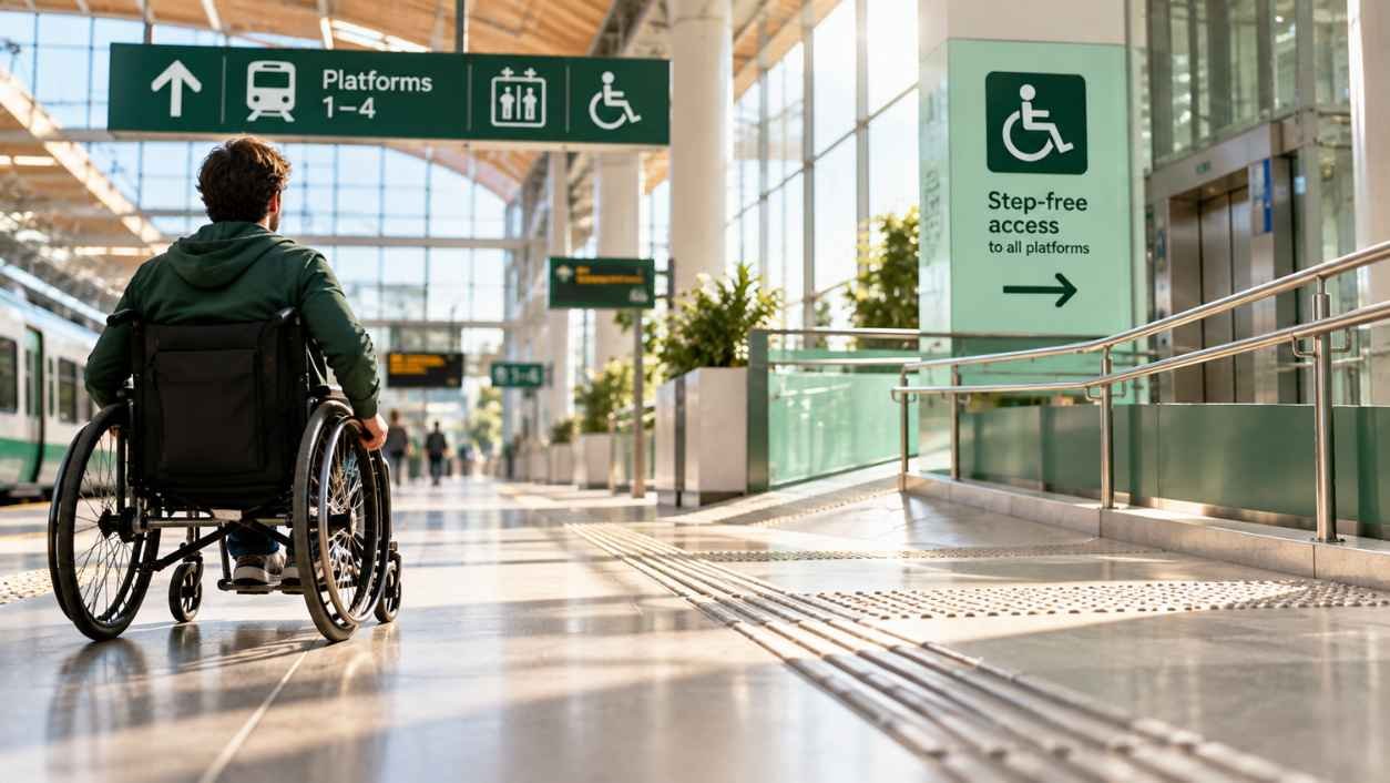 Person using a wheelchair rolls through a bright train station past a ramp, tactile paving and large clear signs.