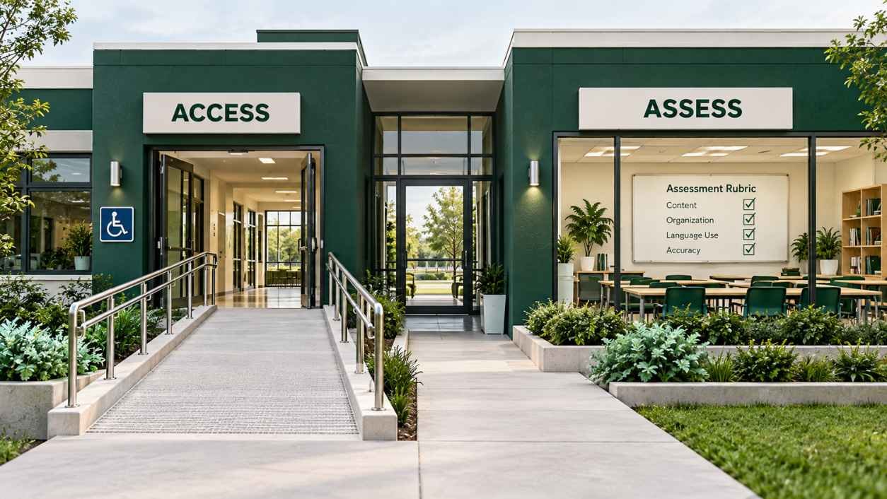 Symmetrical modern school entrance with a step-free ramp on the left and a glass classroom with a grading rubric on the right.