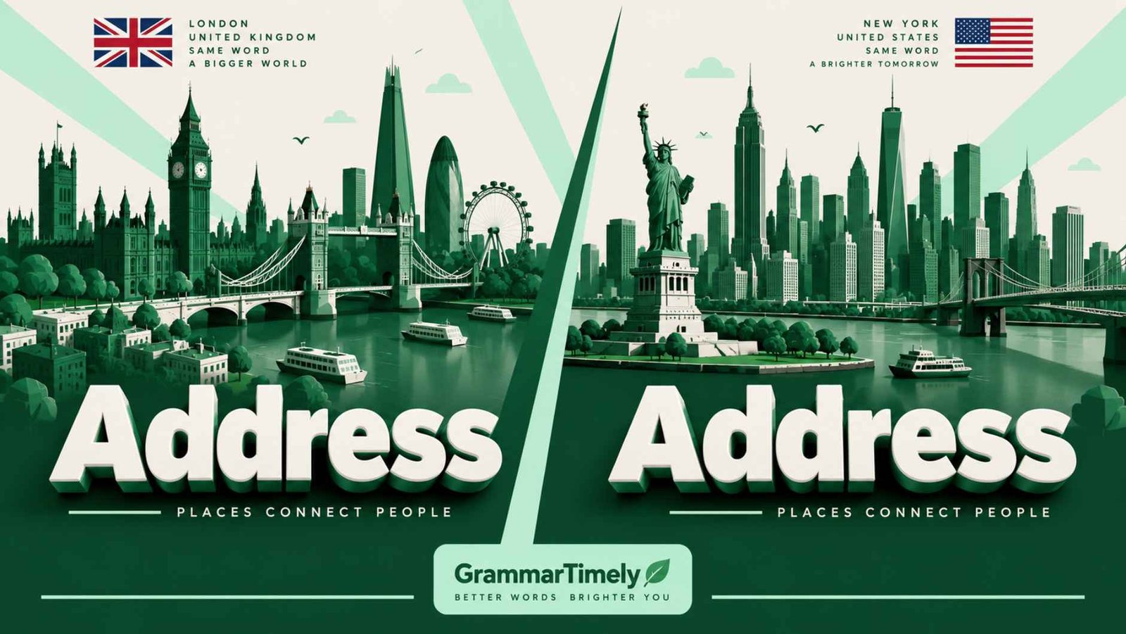Skyline comparison of London and New York representing British and American English