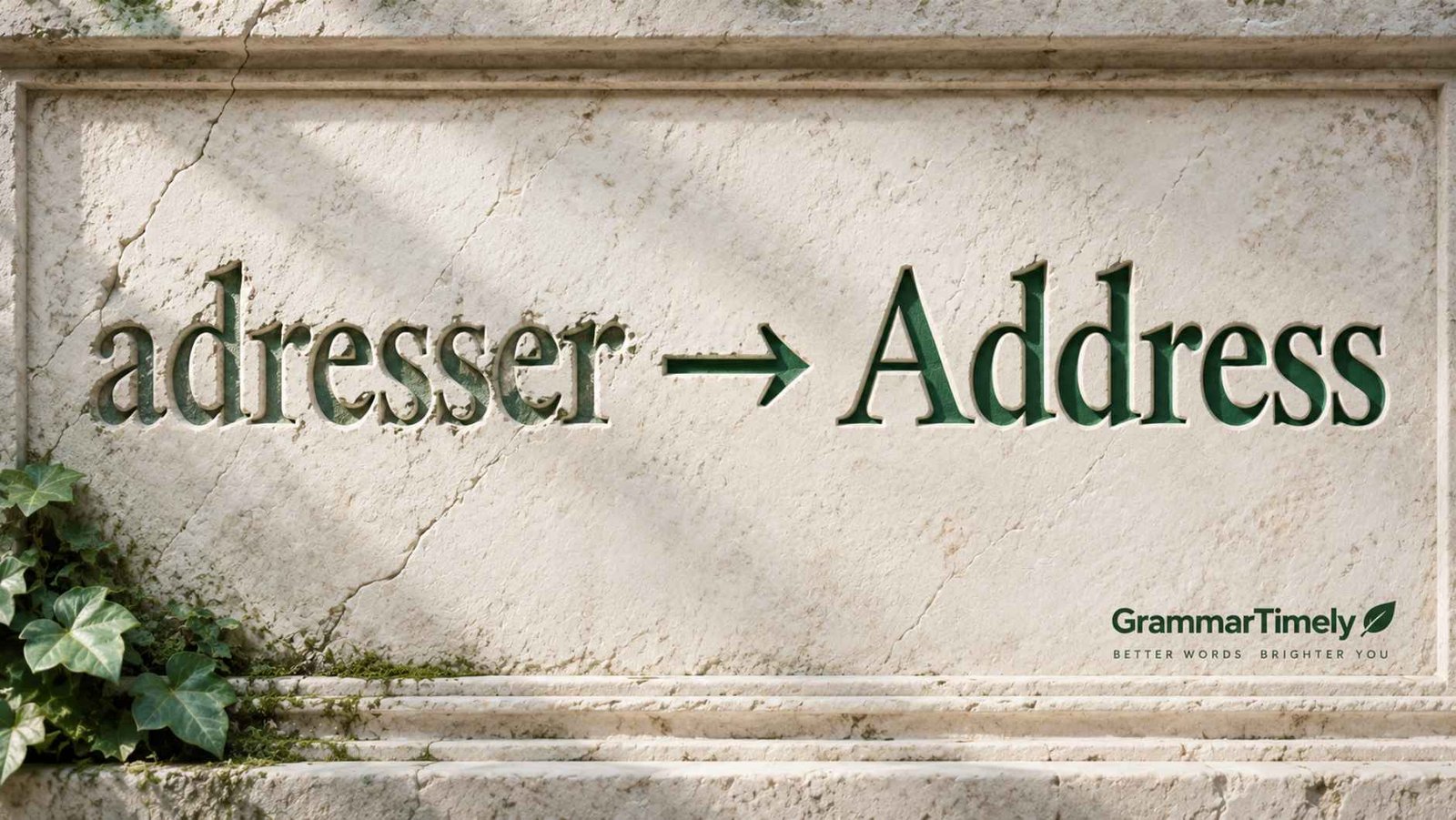 Stone relief carving showing the word address and its Old French root