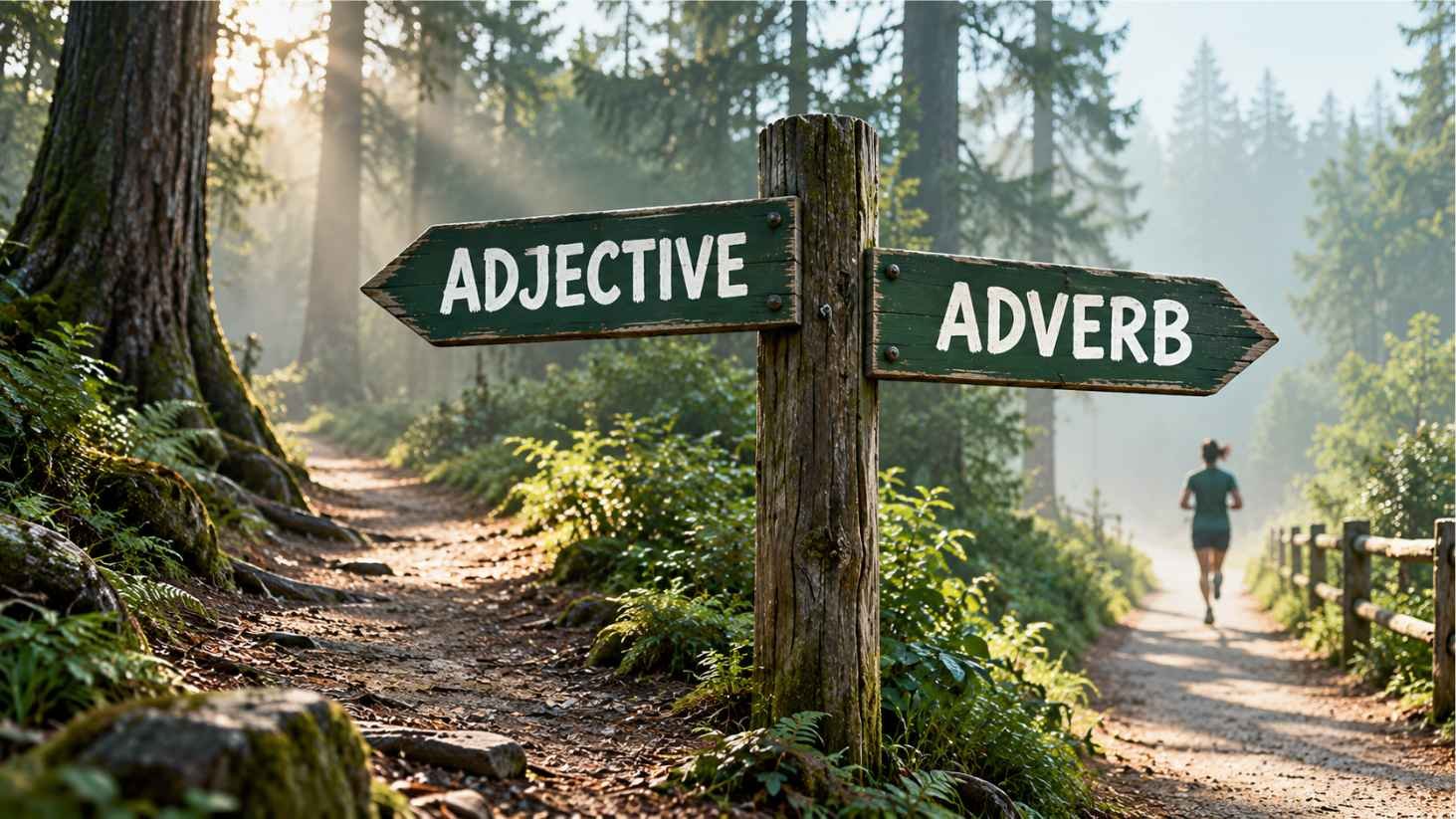 Wooden signpost at a fork in a misty forest trail with arrows labeled ADJECTIVE toward a tree and ADVERB toward a distant jogger.