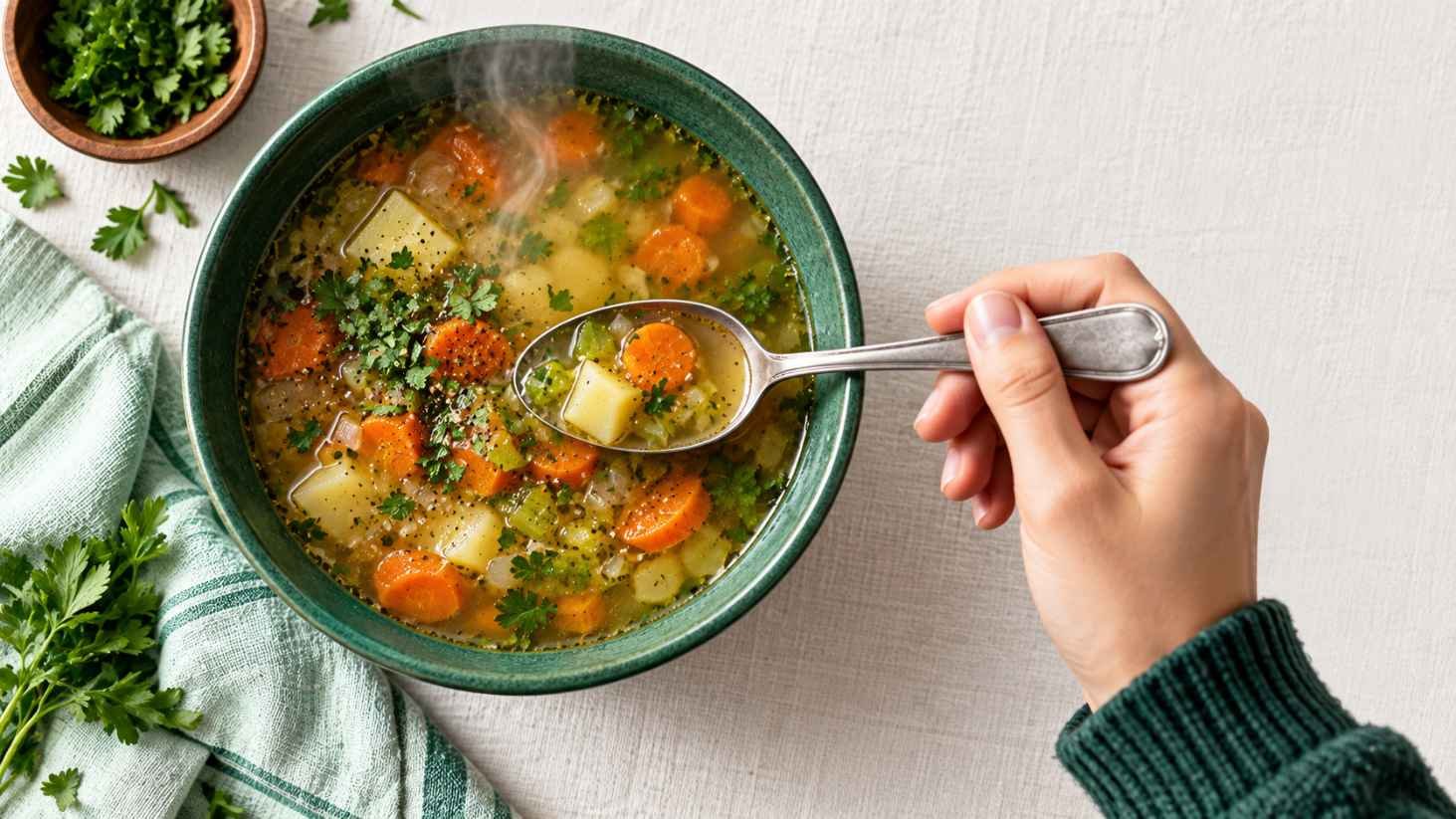 Overhead view of a hand holding a spoon over a forest green bowl of steaming vegetable soup on off white linen.