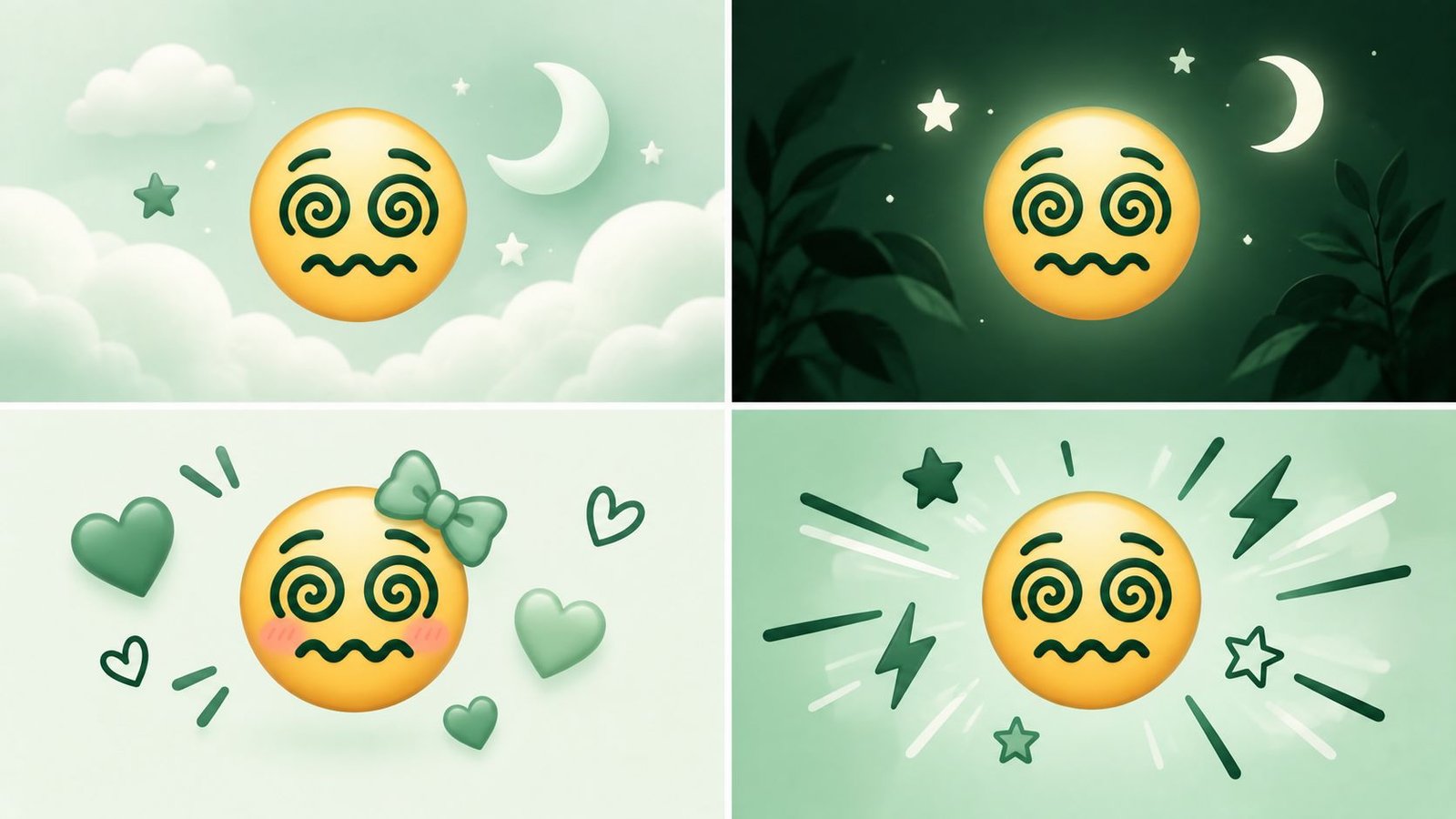 Four small mood boards showing soft, dark, cute, and viral emoji aesthetic styles