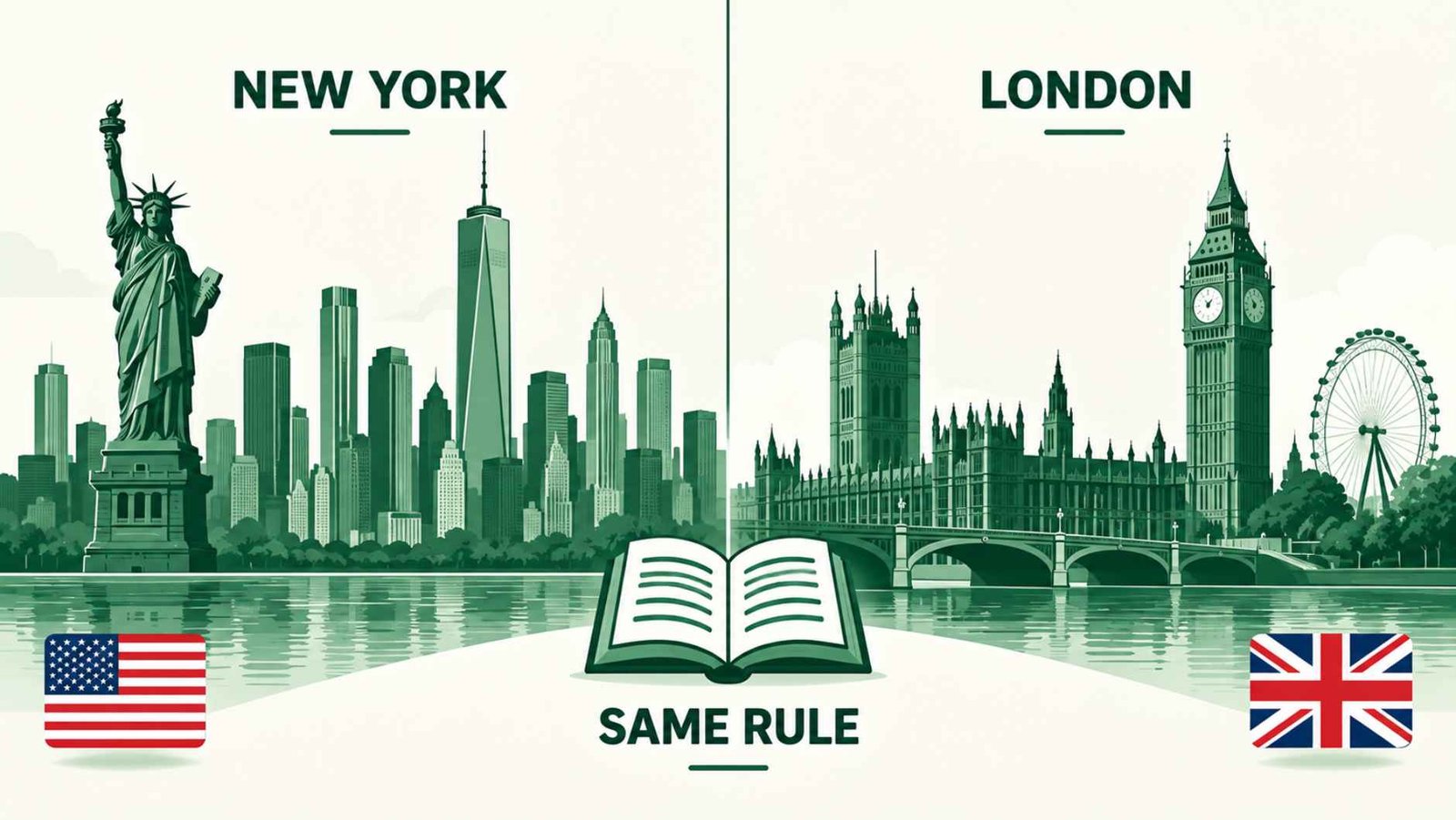 Split skyline illustration comparing American and British city silhouettes with matching grammar rule text between them