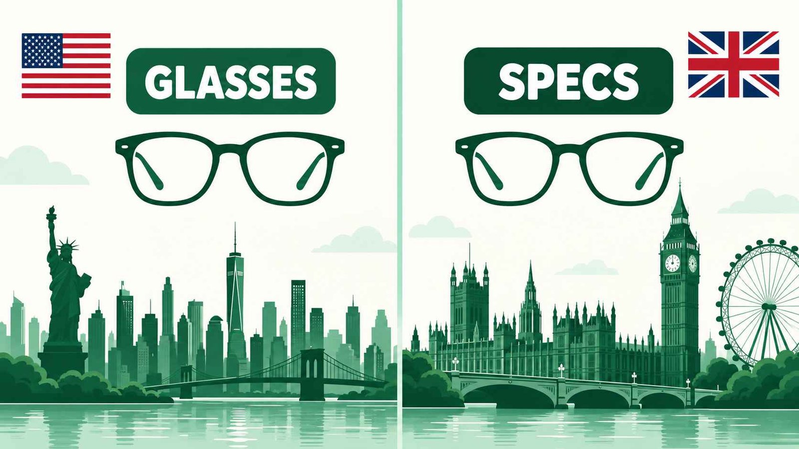 Split skyline illustration comparing American and British city silhouettes with the word specs used as glasses