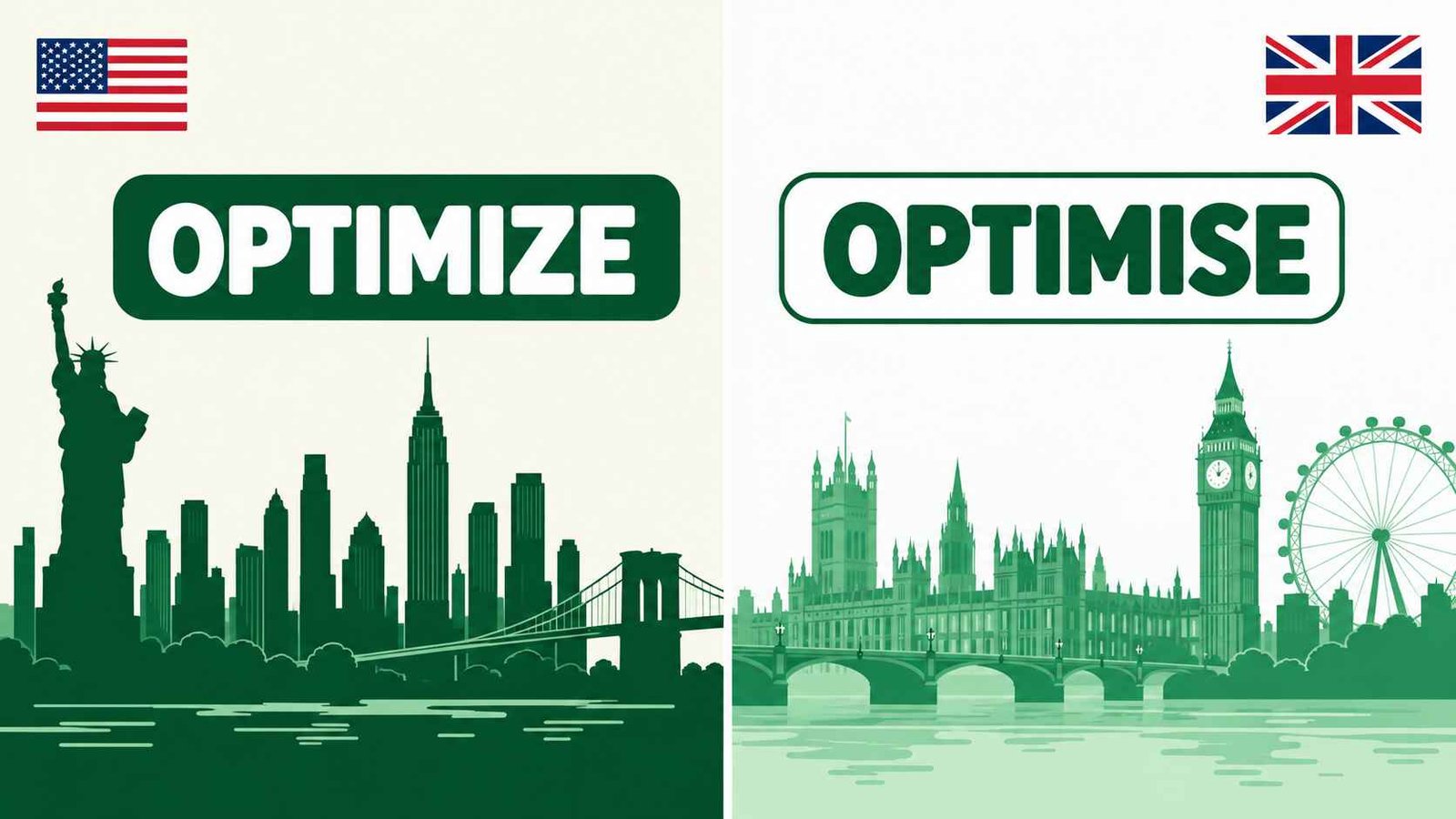 Split skyline illustration comparing an American city and a British city with spelling word bubbles above each