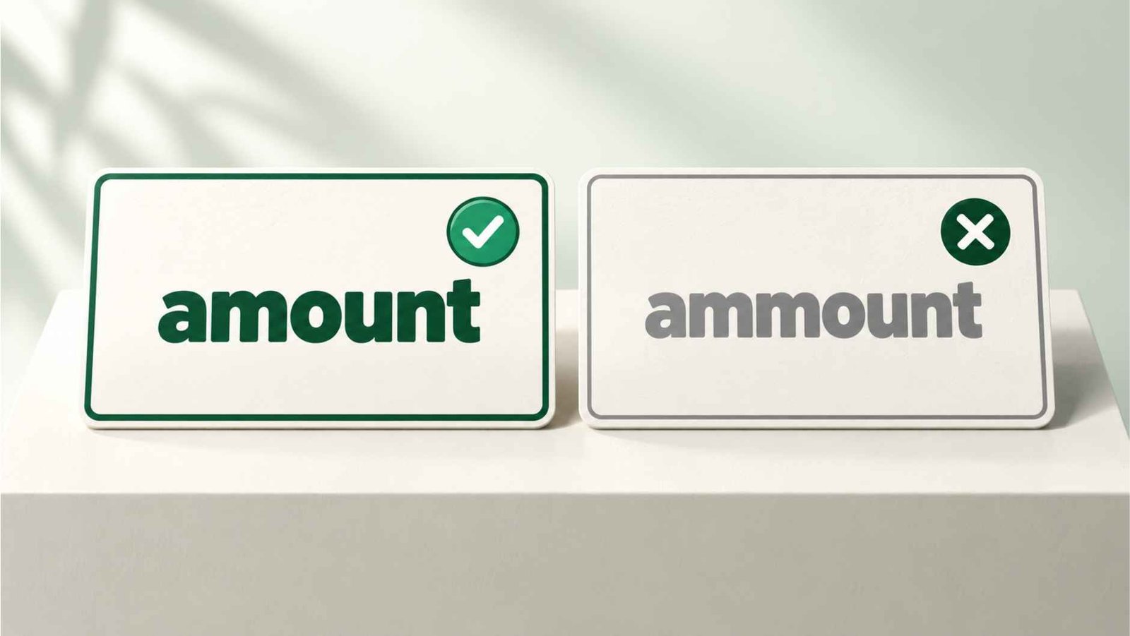 Two word cards compared closely, amount with a green checkmark and ammount with a red cross