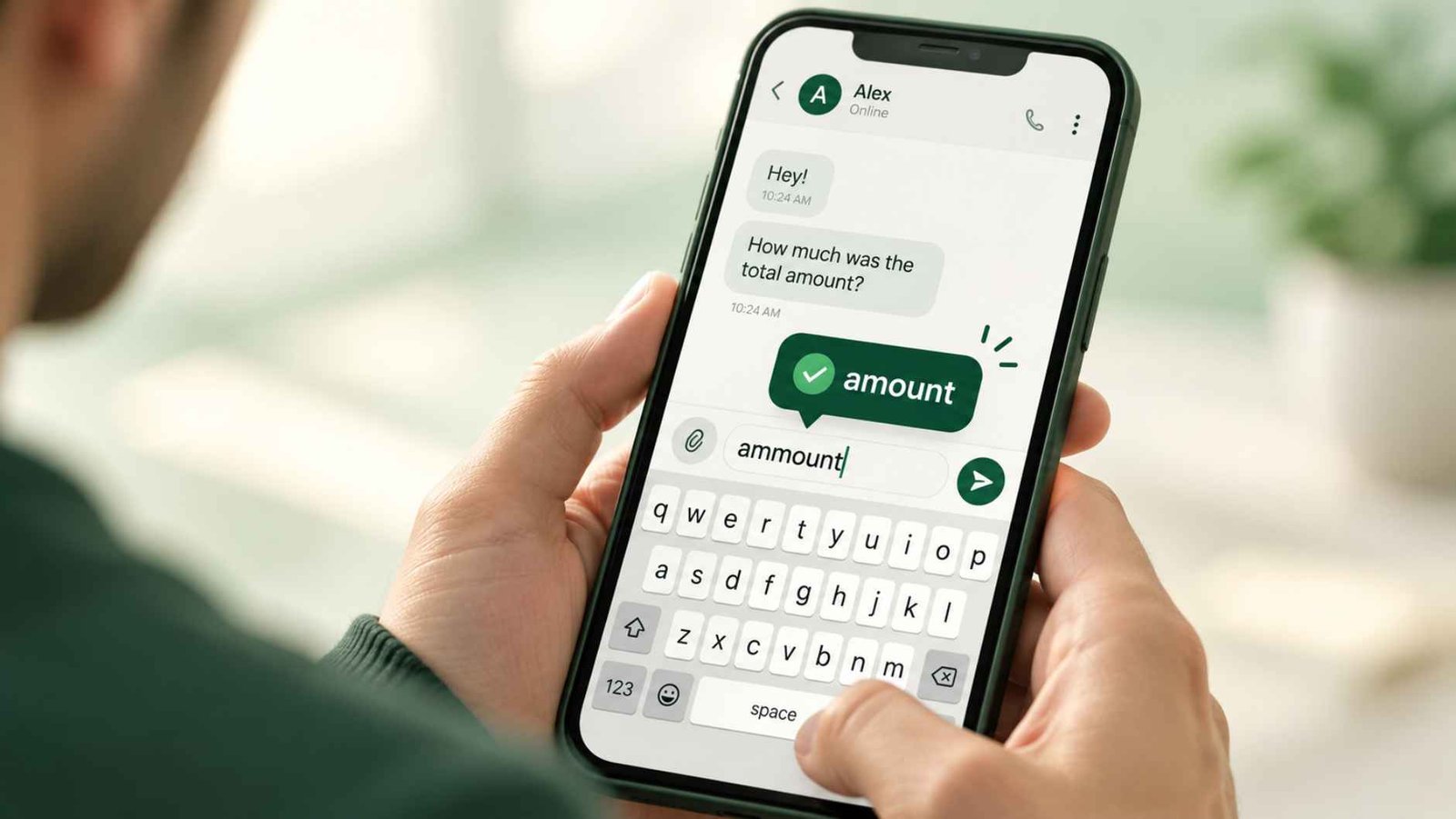 A phone screen showing the word ammount being autocorrected to amount as a hand types