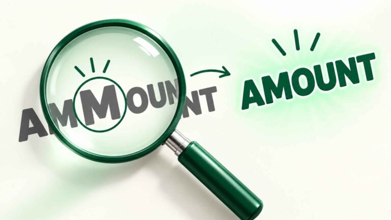 A magnifying glass zooming in on the misspelled word ammount with the correct word amount glowing beside it