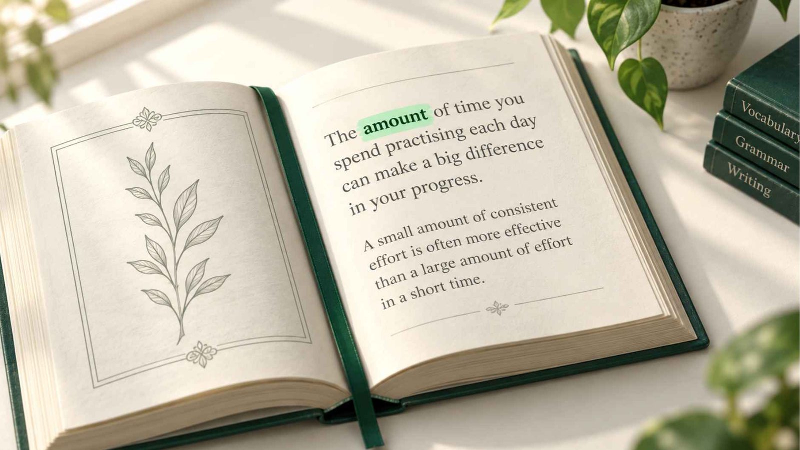 An open aged book with the word amount highlighted on the page beside a forest-green bookmark ribbon