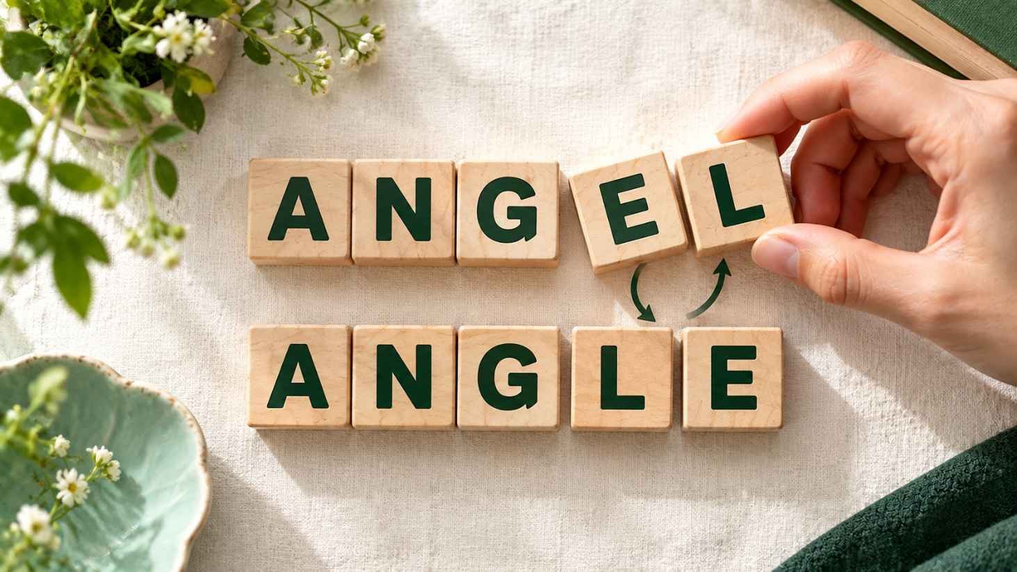 Top-down view of two rows of wooden letter blocks spelling ANGEL and ANGLE while a hand swaps the last two blocks