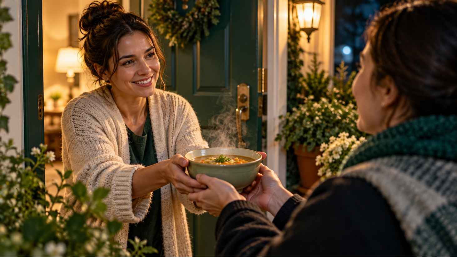 Person handing a steaming bowl of soup to a friend across a doorway at night beside a dark green front door