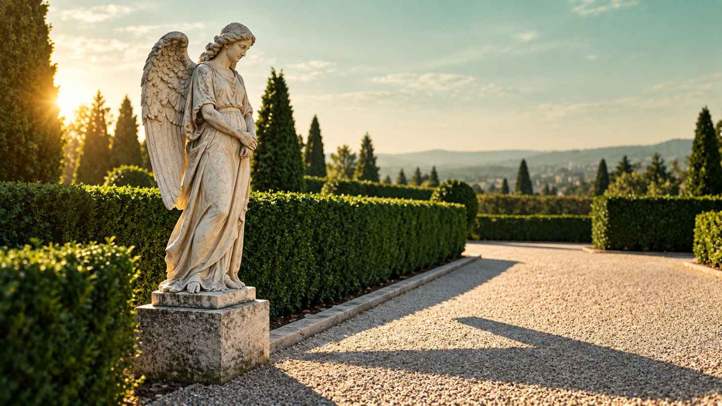 Stone angel statue in a hedged garden at golden hour, its long shadow crossing a gravel path to form a sharp angle