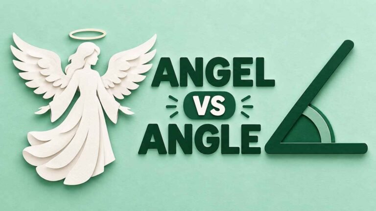 Paper cut artwork of a white angel silhouette with a halo beside a green angle wedge, with the words Angel vs Angle in bold letters