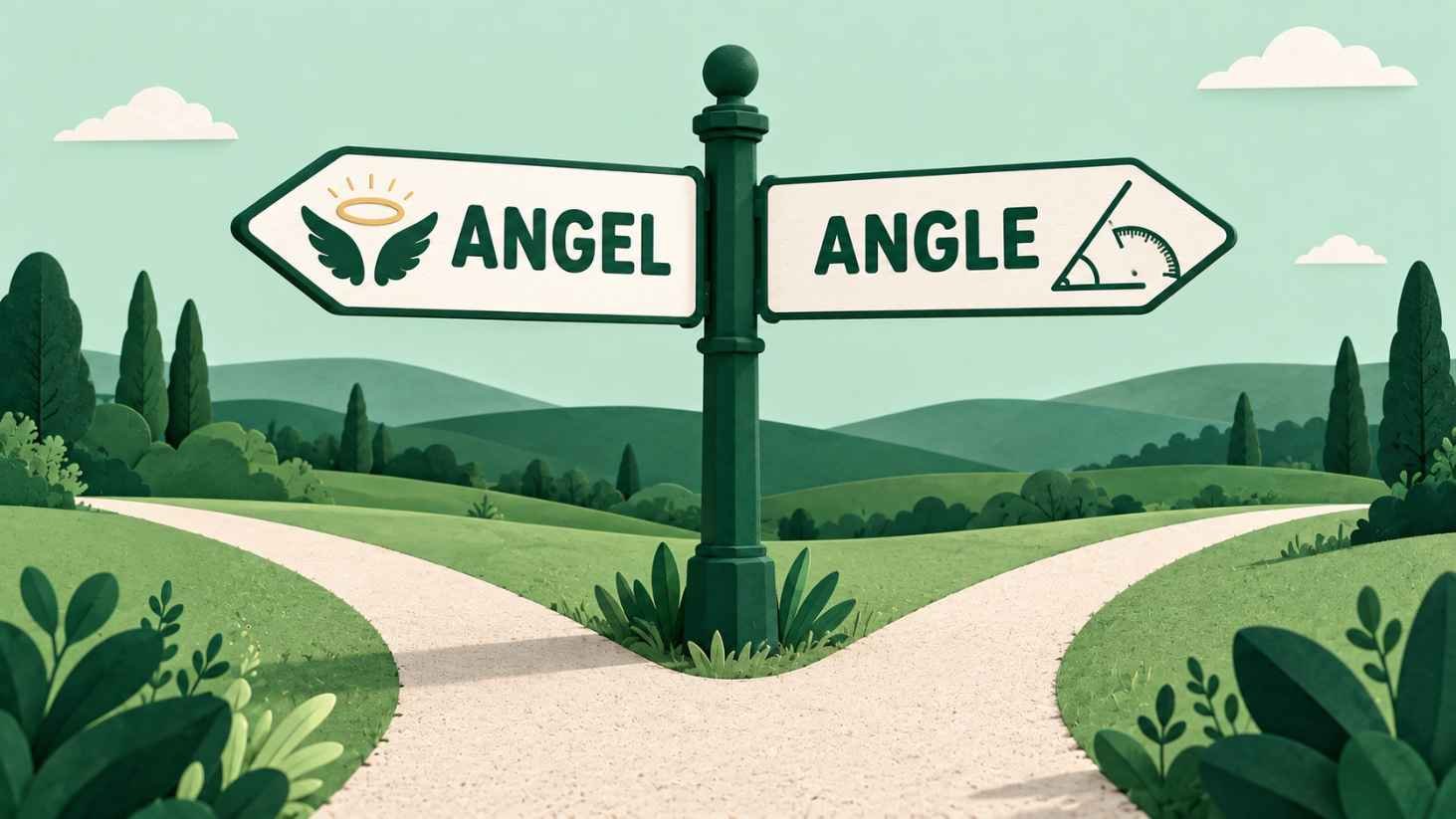 Illustration of a green signpost at a path fork with one sign pointing to Angel and the other pointing to Angle
