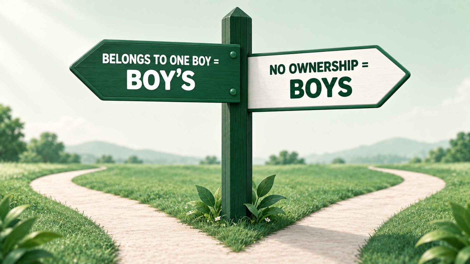 Illustrated signpost with two directional arrows labeled belongs to one boy and no ownership involved