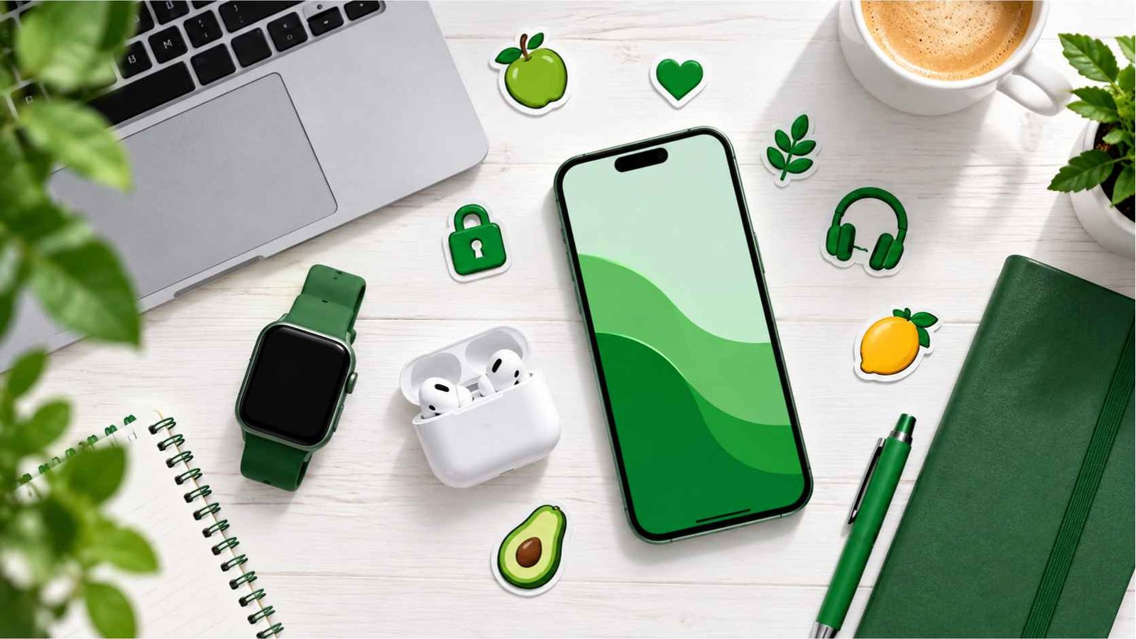 Apple devices and emoji icons laid out on a desk representing apple logo emoji meaning
