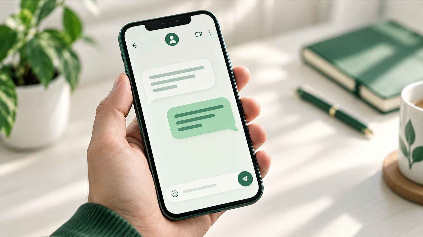 Hand holding a phone showing a casual text conversation using a speed simile