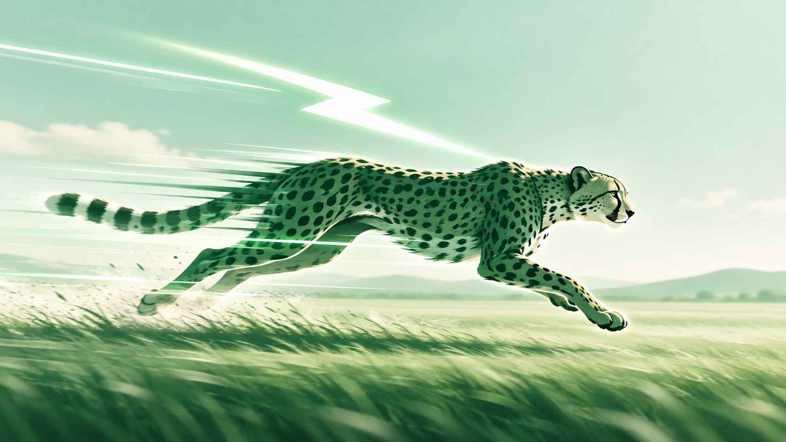 Motion-blurred cheetah racing past a glowing lightning bolt illustration representing speed similes