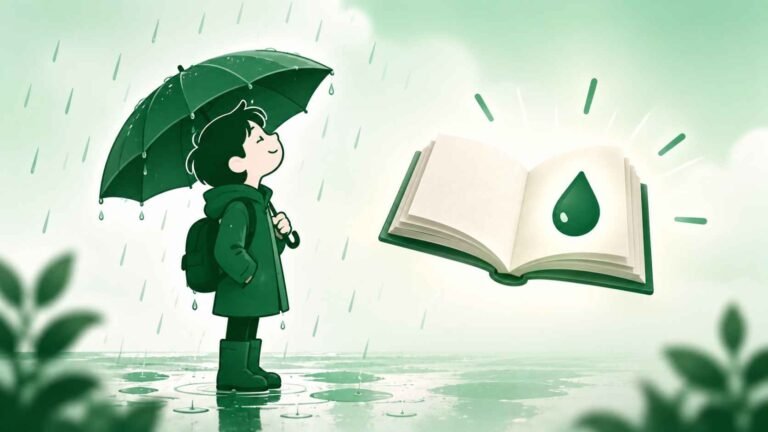 Person standing in rain beside an open book illustrating wet similes