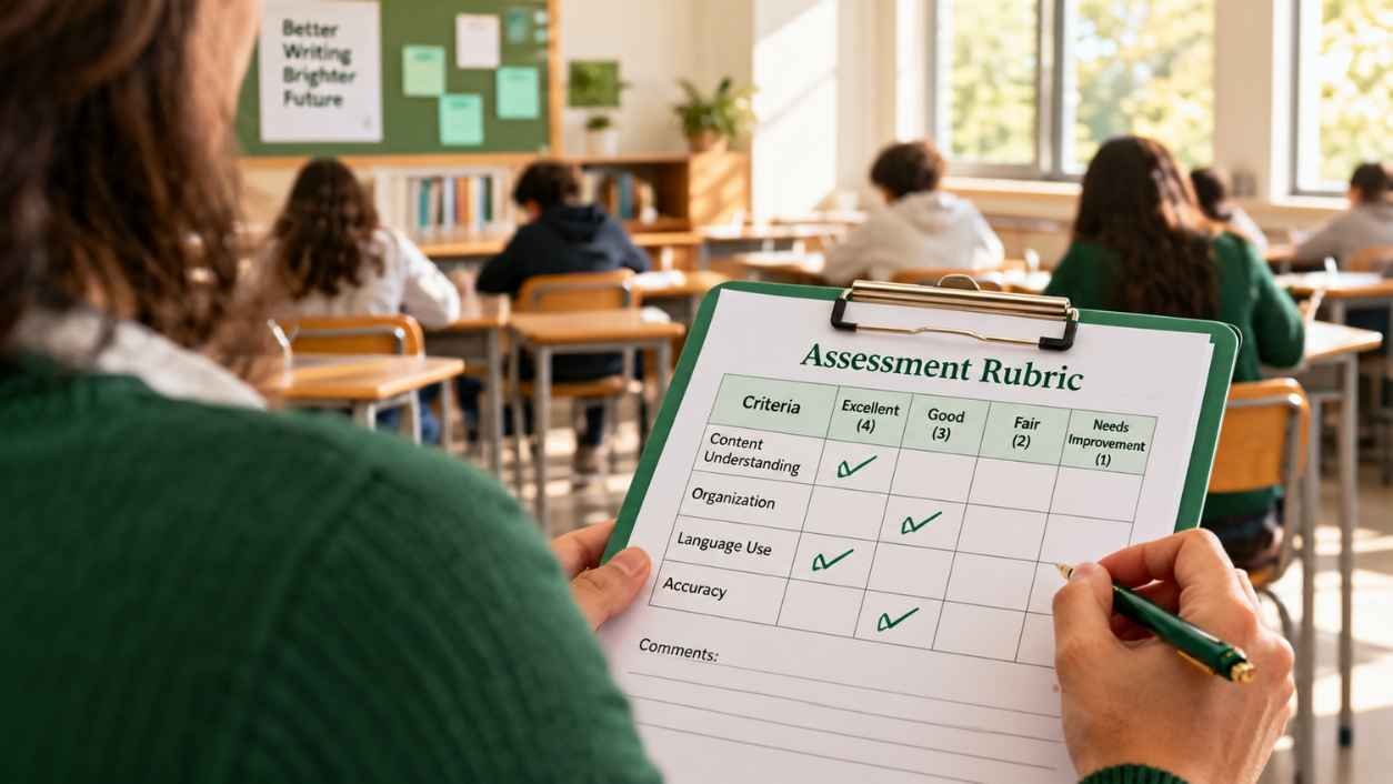 Teacher's hands hold a clipboard with a rubric and green checkmarks while students work at desks in the blurred background.