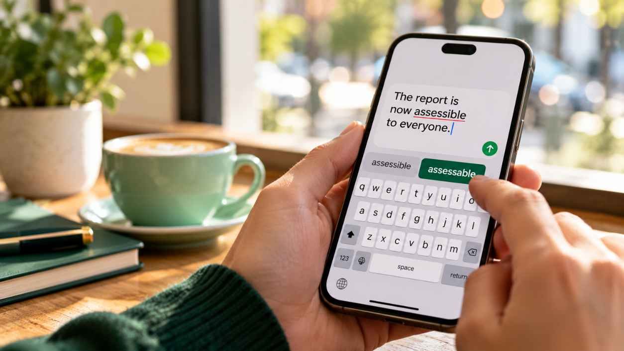 Hands holding a phone where autocorrect suggests assessable after the typed word assessible.