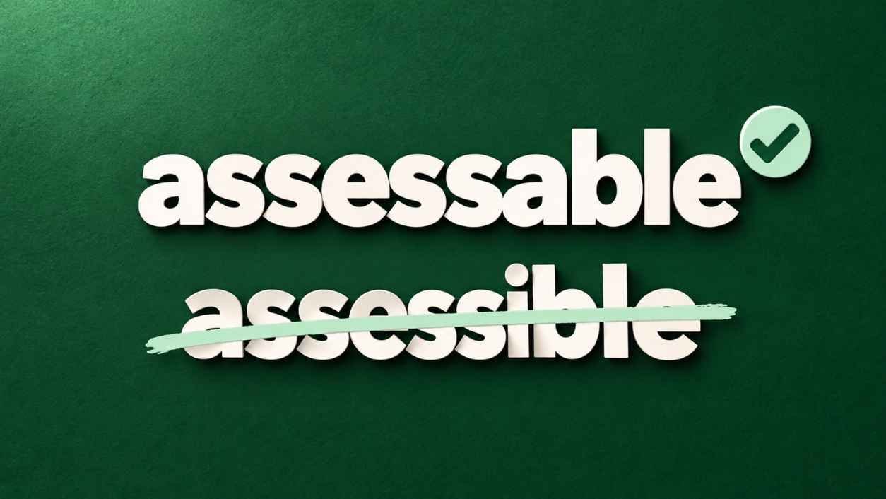 Forest green tile with the word assessible crossed out in mint and the word assessable written above it in white.