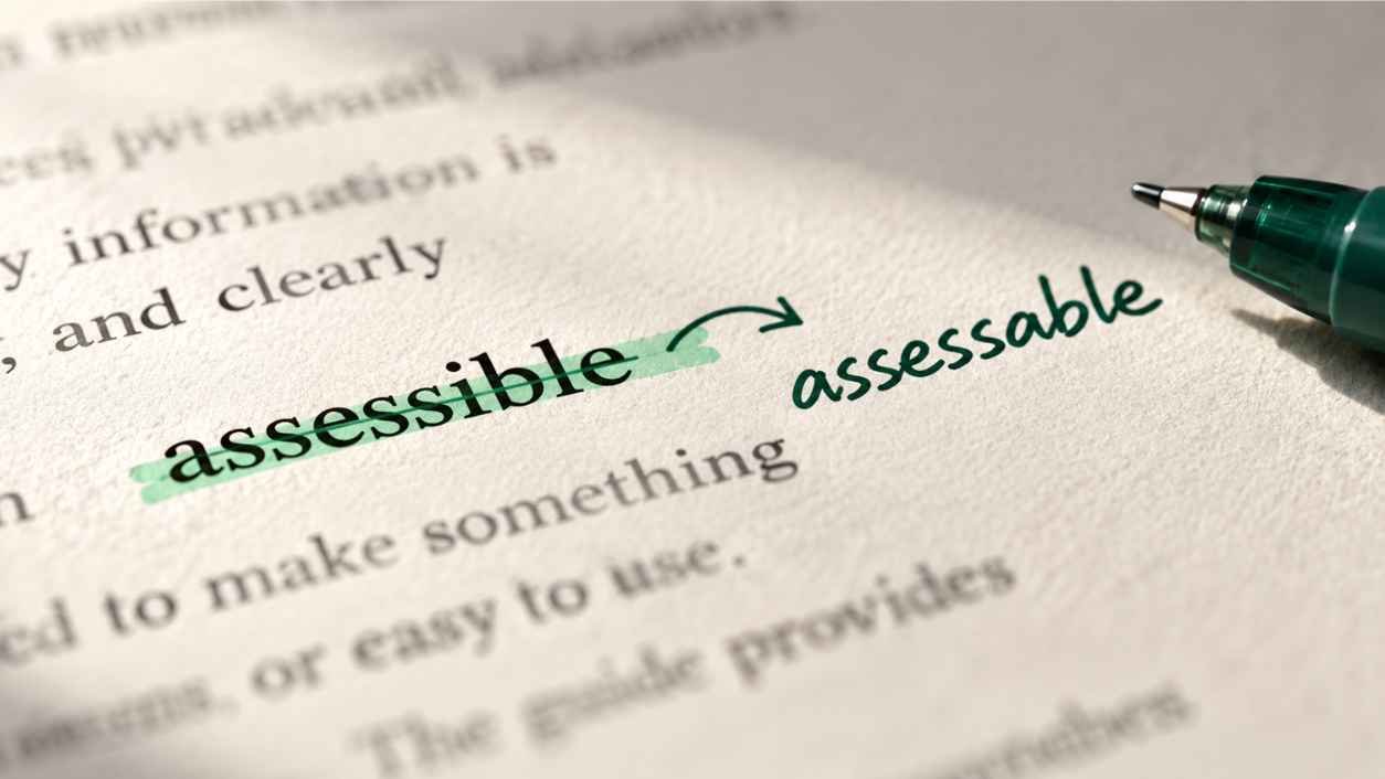 Close-up of a printed page where a mint highlighter stroke marks the word assessible and assessable is written beside it.