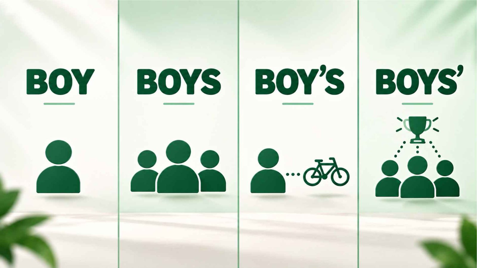 Four-panel illustration showing boy, boys, boy's, and boys' each paired with a small icon representing their meaning