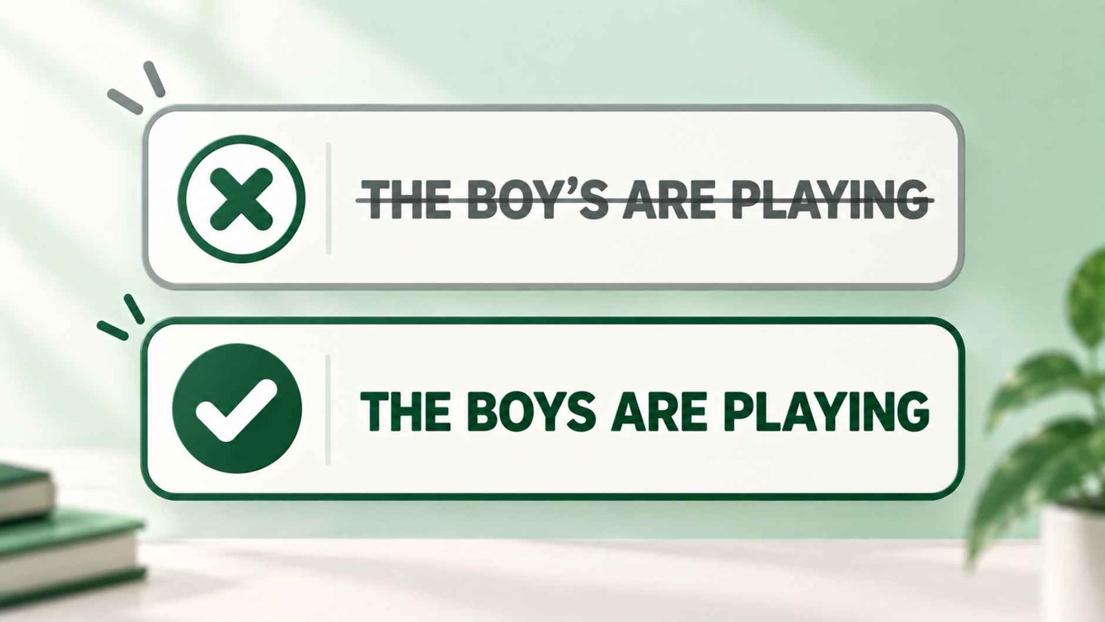 Correct and incorrect sentence cards with a check mark and an x symbol showing common apostrophe errors