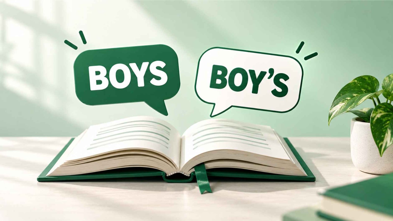 Open book with two speech bubbles showing the words boys and boy's side by side on a mint green background