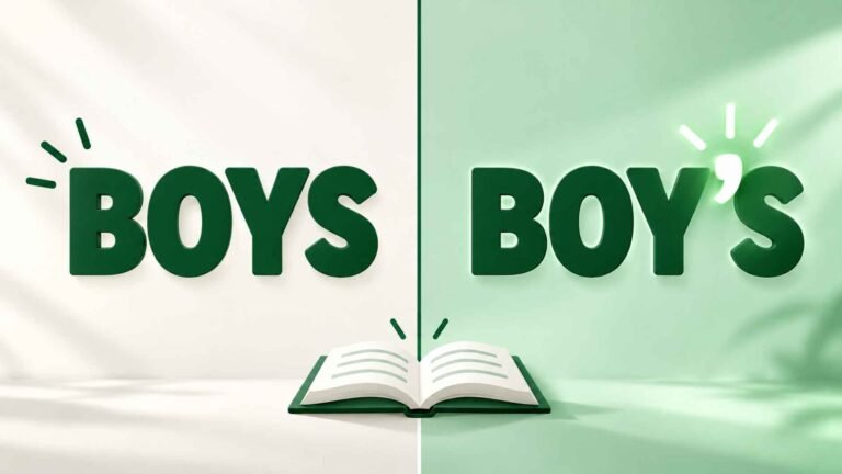 Split illustration comparing the words boys and boy's with an apostrophe highlighted between them