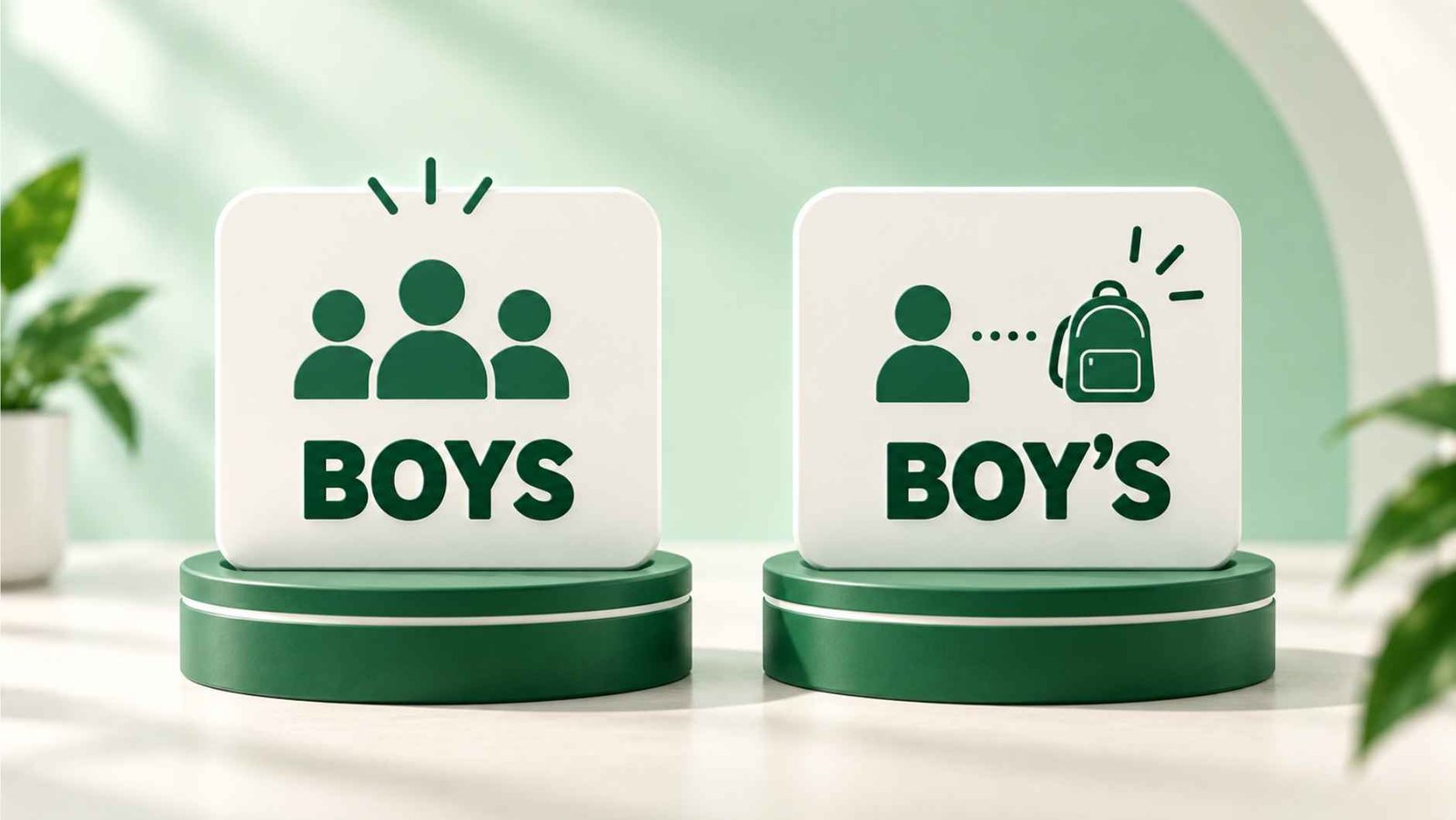 Side-by-side comparison card showing the plural word boys next to the possessive word boy's with example sentences