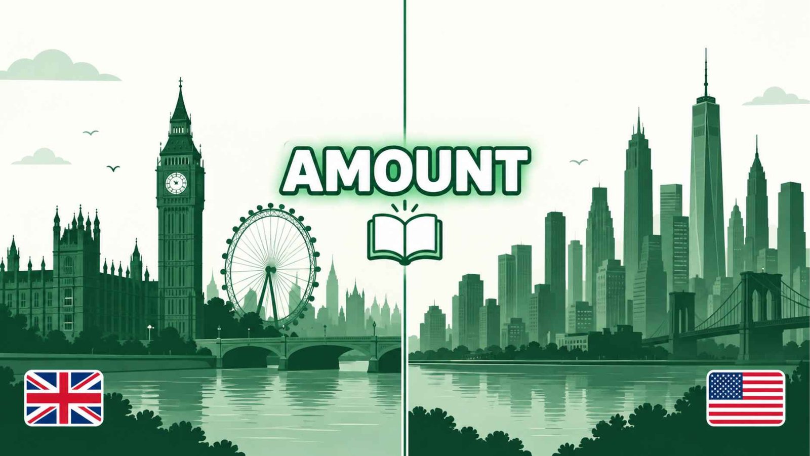 Split screen of a London skyline and a New York skyline with the word amount centered between them