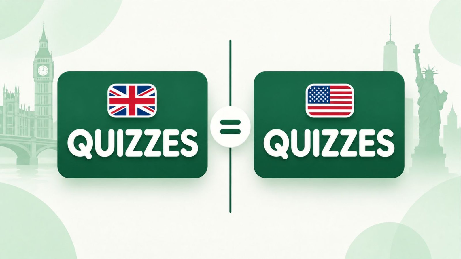 Split-screen illustration comparing British and American flags with the identical word quizzes shown on both sides
