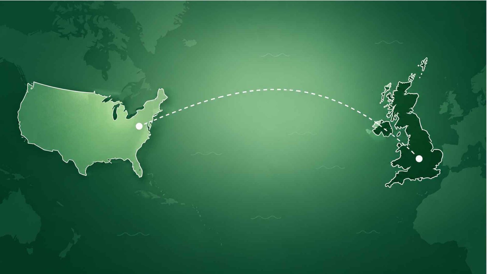 Abstract outlines of the United Kingdom and United States connected by a dotted line on a green map background.