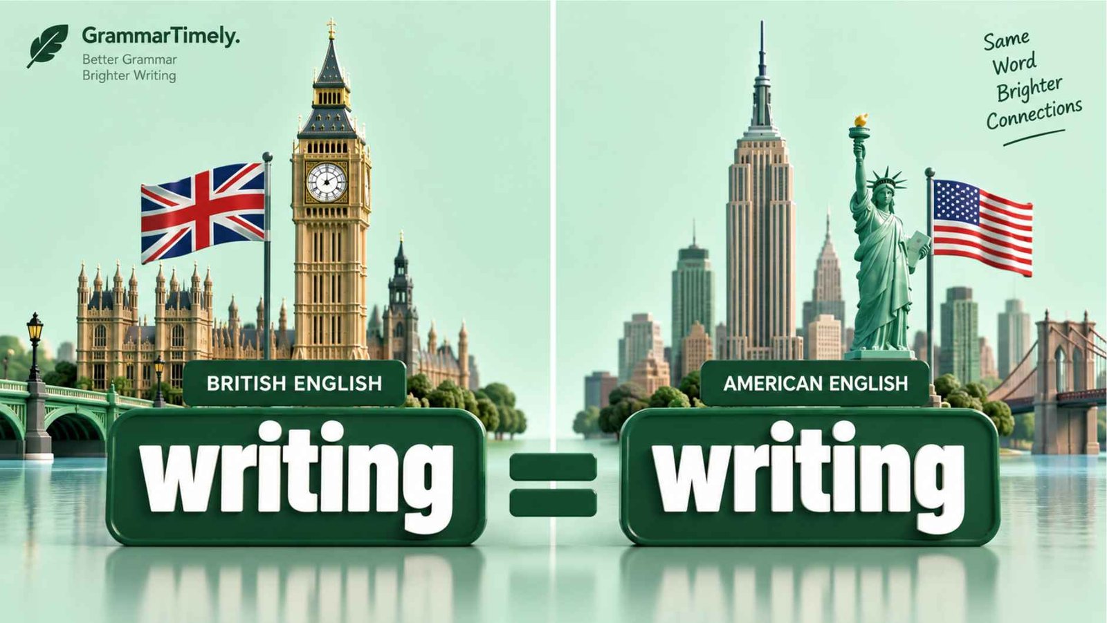 Split screen comparison of a UK skyline and a US skyline with the word writing shown on both sides