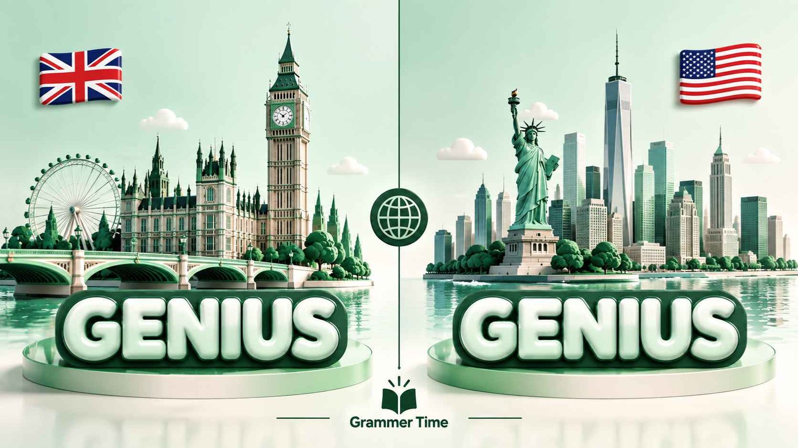 Split skyline comparison showing genius spelled the same in UK and US English