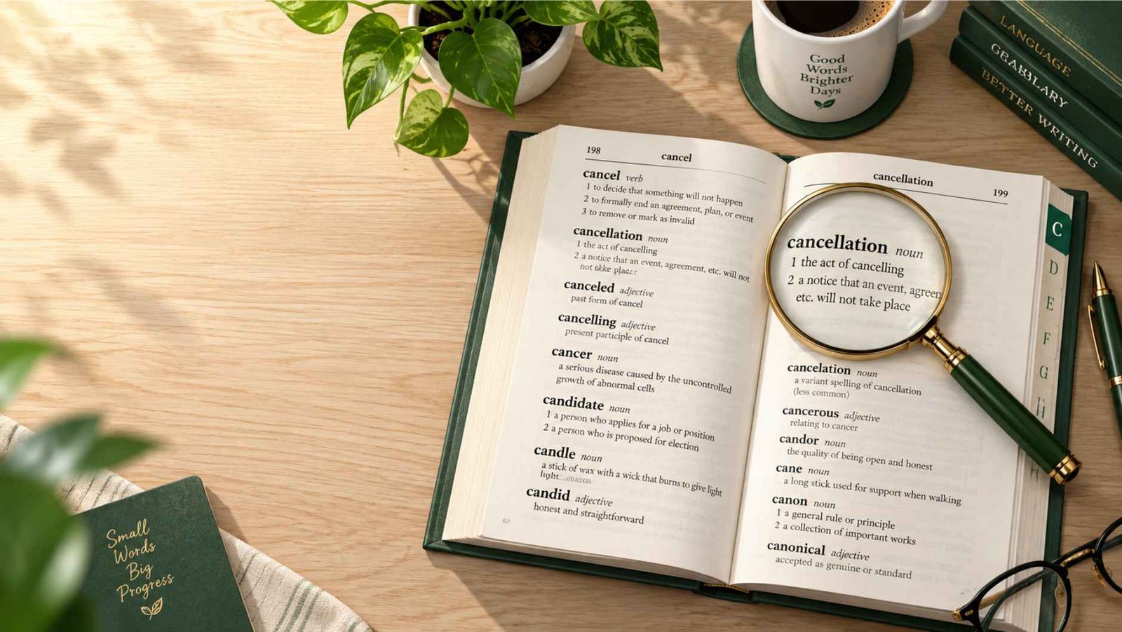 Cancellation or Cancelation Open dictionary on a wooden desk with a magnifying glass highlighting a spelling entry, green plant nearby.
