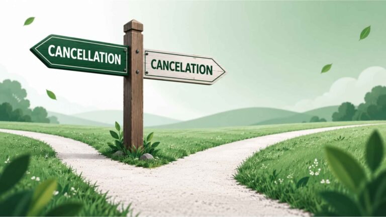 Signpost splitting into two paths labeled cancellation and cancelation against a green and white background.