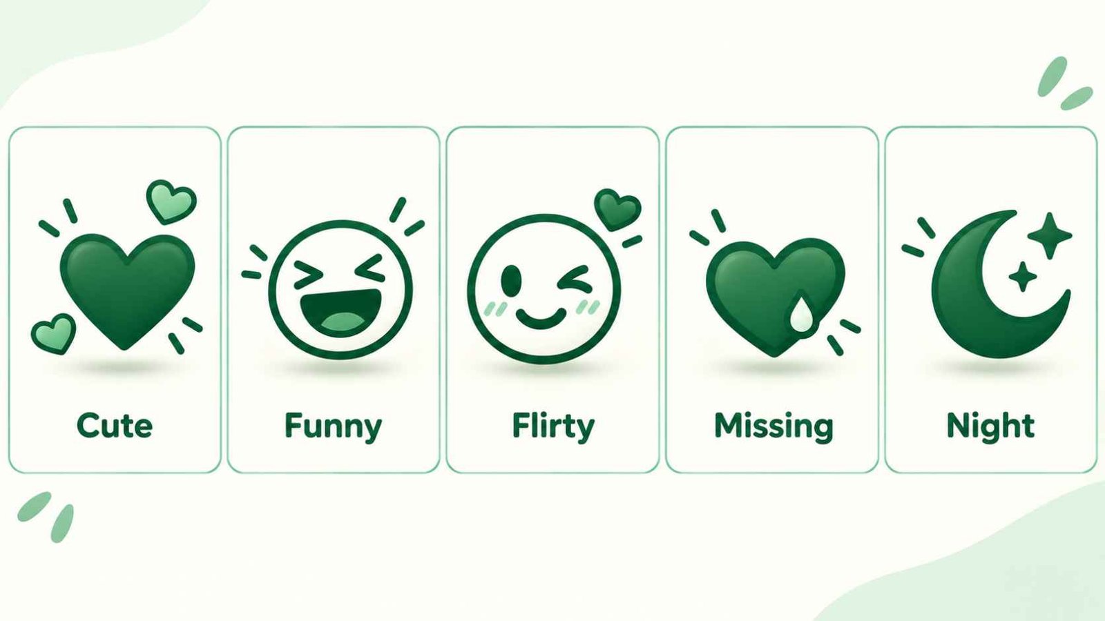 Five labeled emoji groupings representing cute, funny, flirty, missing someone, and good night moods