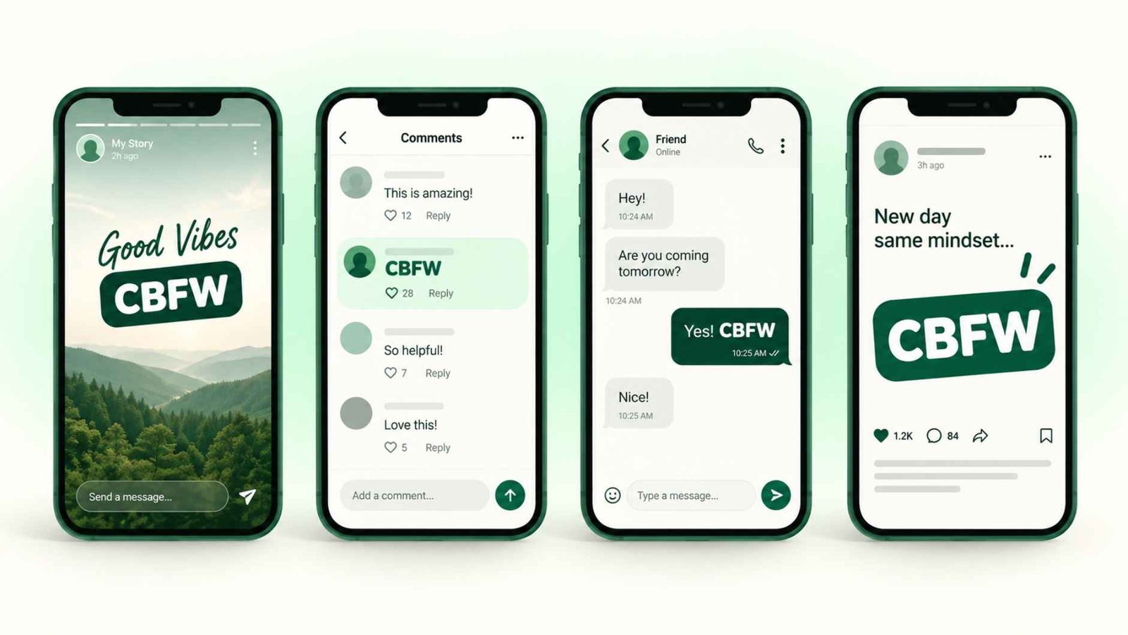 Four smartphones side by side showing different app interfaces, each with a CBFW caption