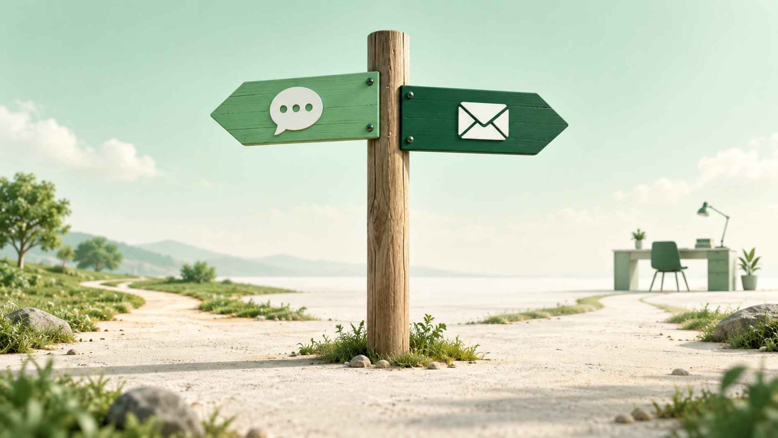 Signpost with two arrows, one pointing to a casual chat icon and one pointing to a formal email icon
