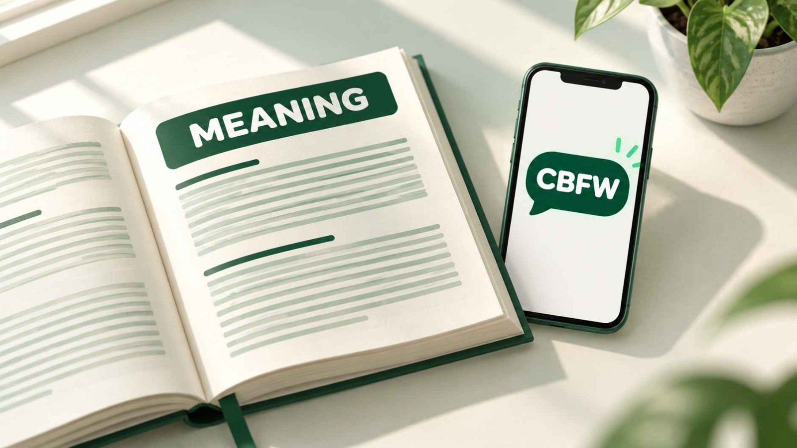 Open book with a glowing definition page next to a phone displaying a CBFW text conversation